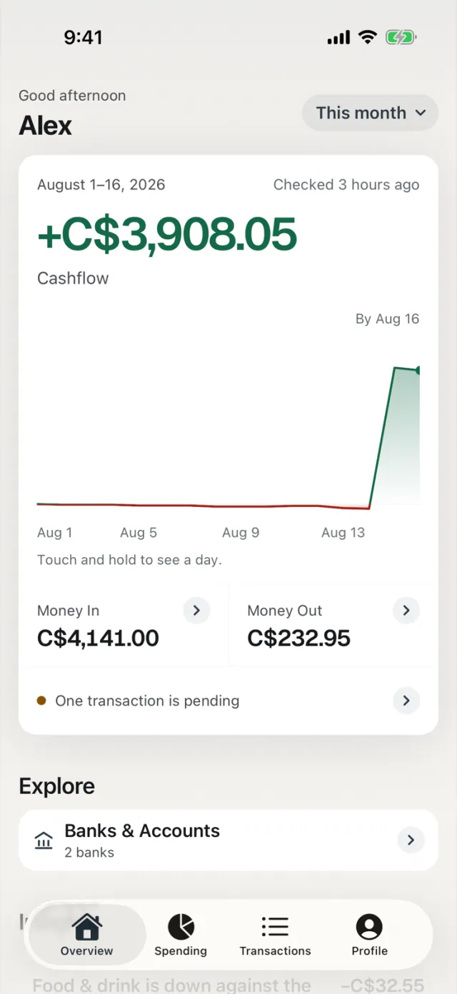 Cashfield's Overview screen with example data: cashflow of C$3,908.05 for August 1 to 16, with Money In of C$4,141.00 and Money Out of C$232.95