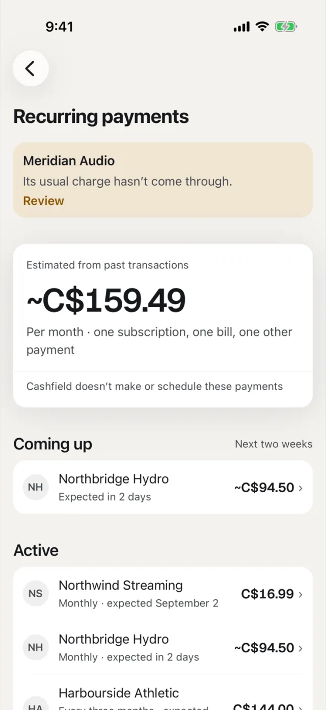 Cashfield's Recurring payments screen with example data: an estimate of what subscriptions and bills cost a month, the charges coming up and the active subscriptions