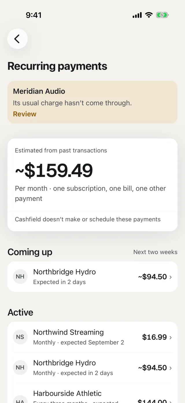Cashfield’s Recurring payments screen with example data: an estimate of what subscriptions and bills cost a month, the charges coming up and the active subscriptions