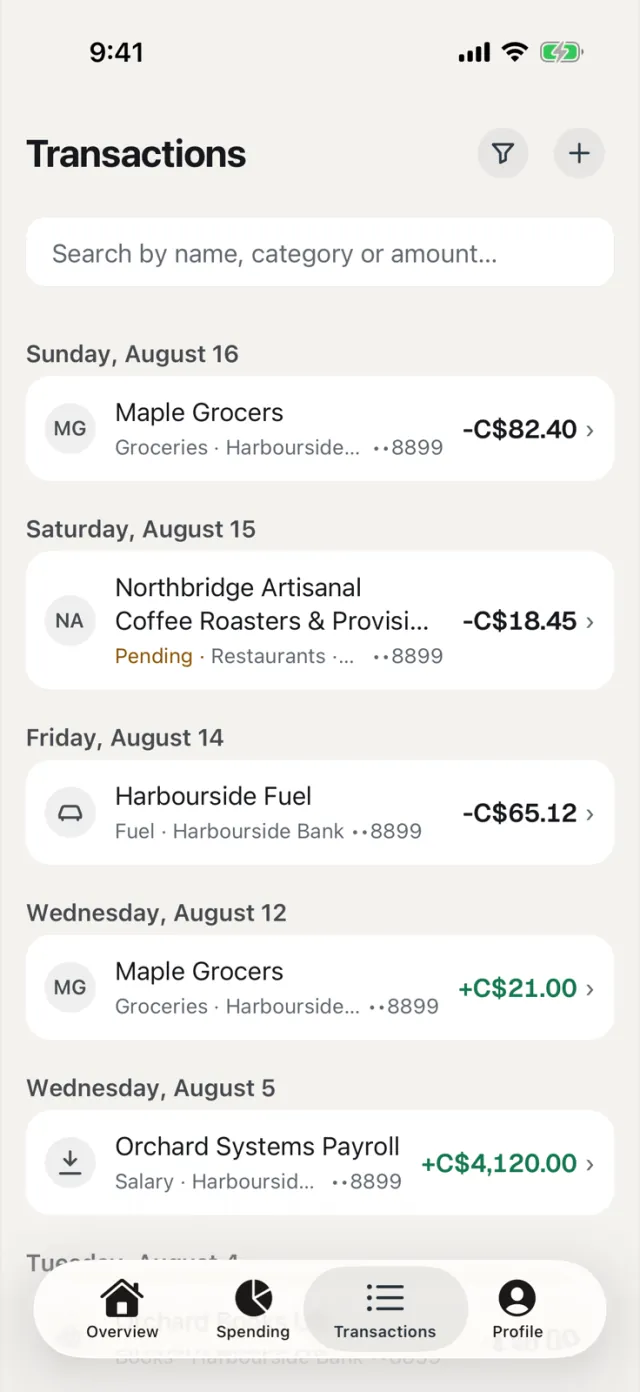 Cashfield's Transactions screen with example data: transactions grouped by day, each with its category, account and amount